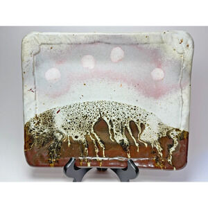 Large Artist Signed Art Pottery Hand Made Drip Glaze Platter Tray Lava 4 Moons